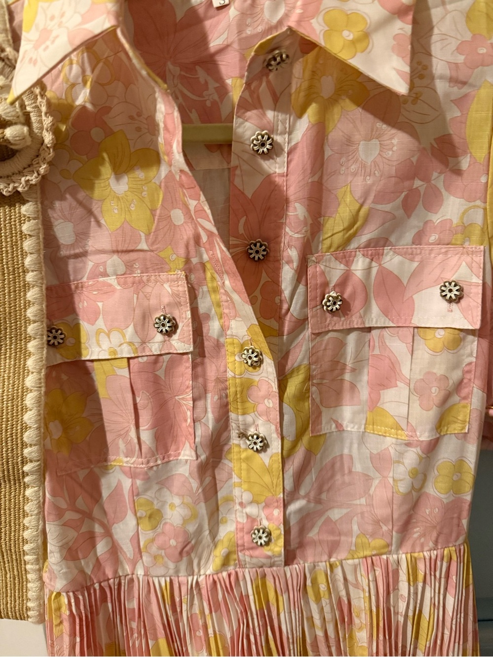 Womens Pink and Yellow Floral Pleated Shirt Dress - Picture 2 of 4